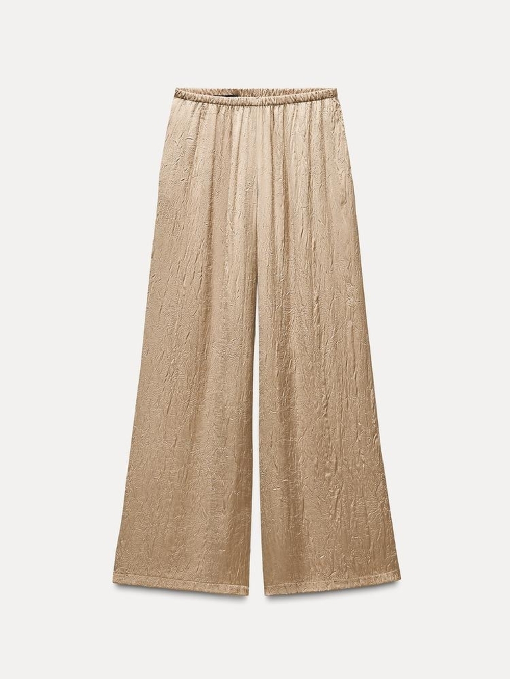 Zara Wide Leg Crinkled Satin Pants in Beige